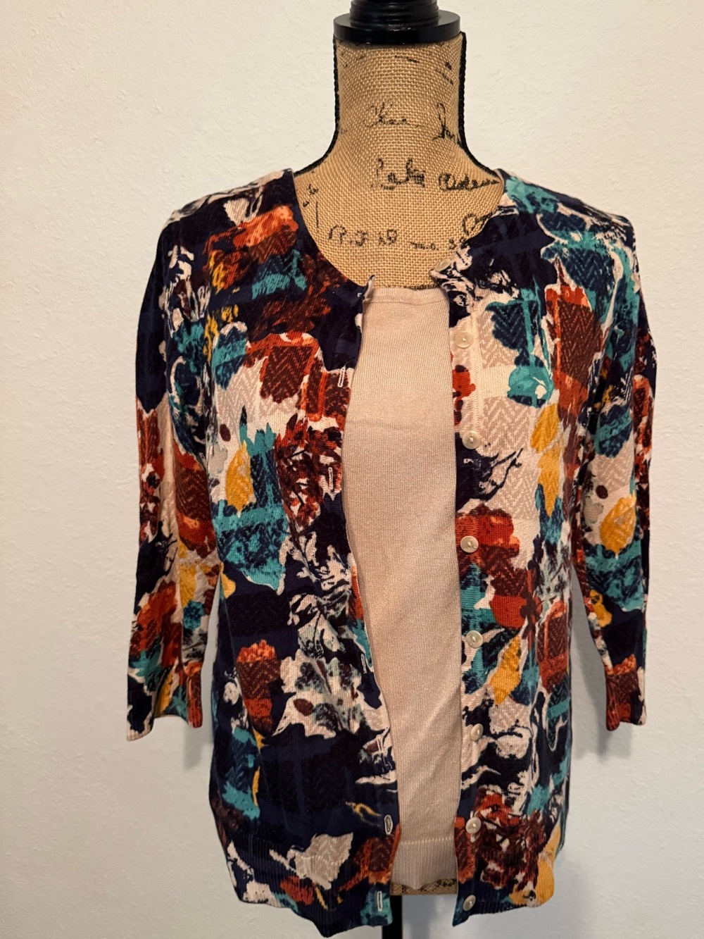 Women’s Abstract Floral Cardigan & Shell Tank Set Navy Multi Color Size small